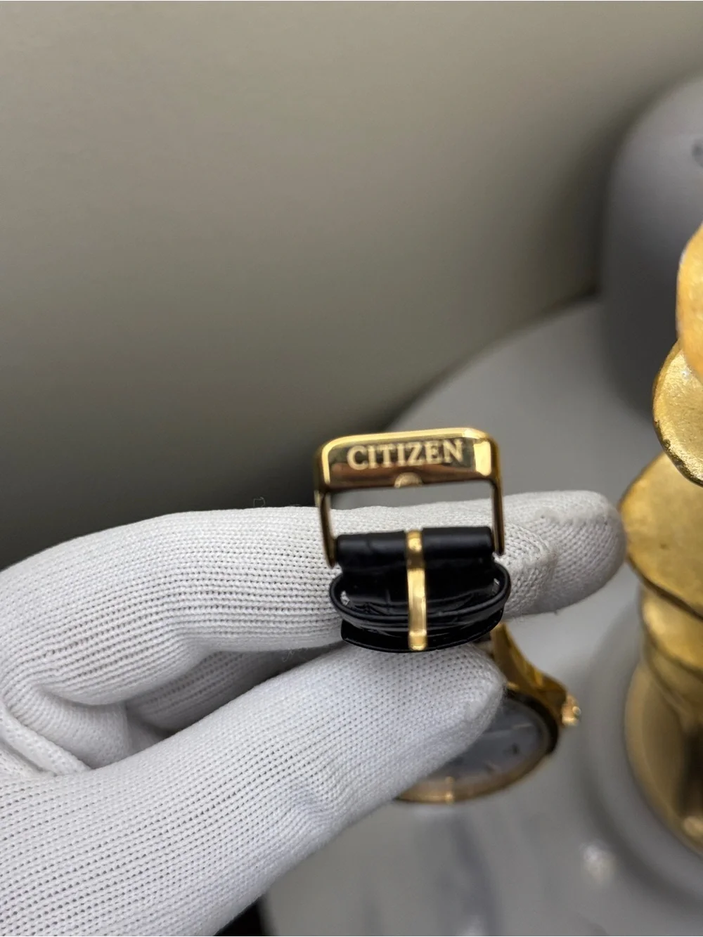 Citizen Classic Gold Case White Dial Watch with Black Leather Strap daydate mens